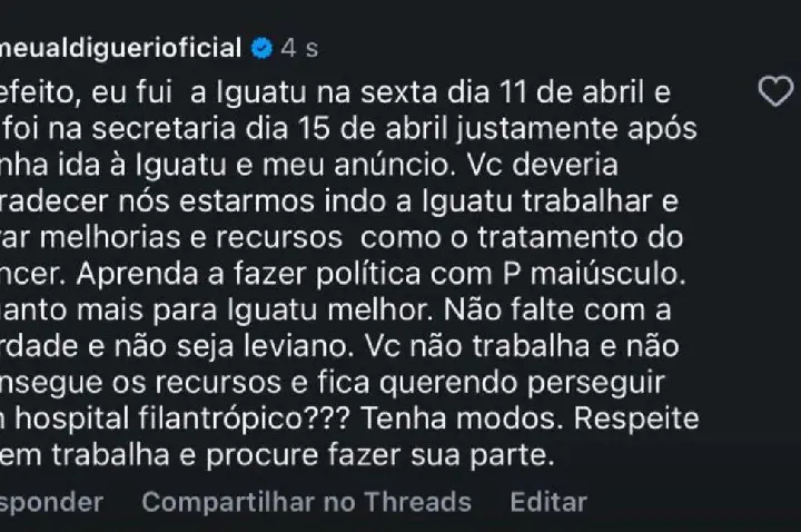 Declaração de prefeito de Iguatu gera controvérsia sobre implantação de tratamento oncológico no Centro-Sul