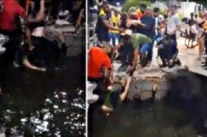 Parte de calçadão desaba e pedestres caem em lagoa em Morada Nova