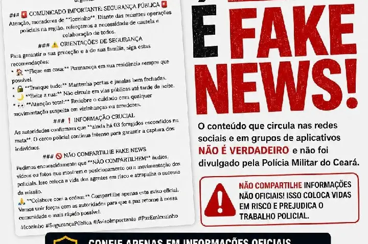 Polícia Militar desmente boato sobre segurança pública em Icozinho e alerta para fake news