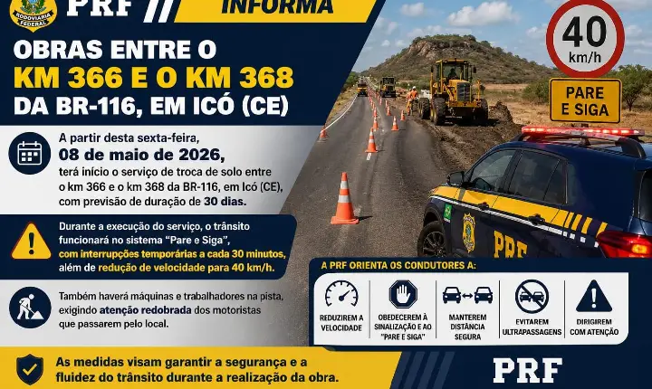 PRF informa início de obras na BR-116 em Icó com sistema “Pare e Siga” a partir desta sexta-feira