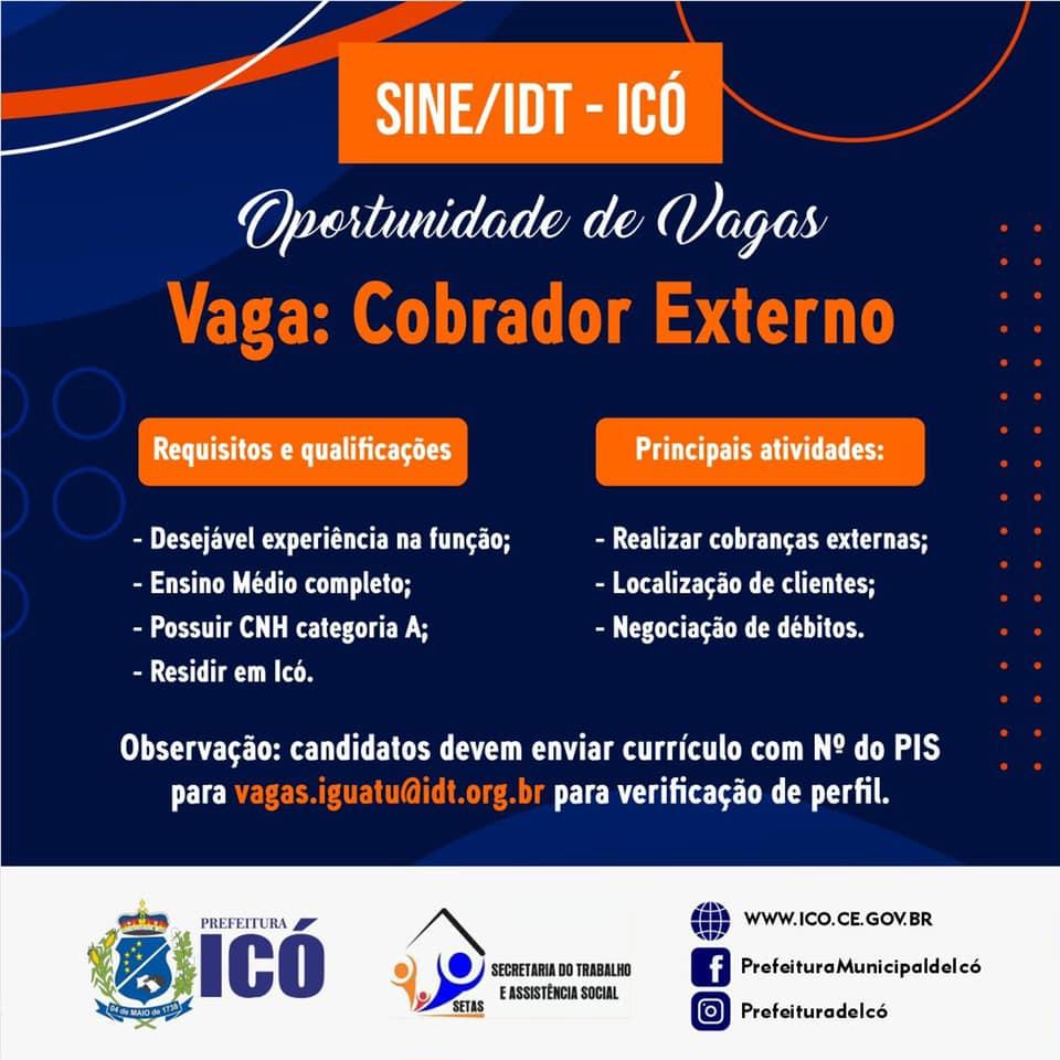 Oportunidade de emprego para cobrador externo em Icó