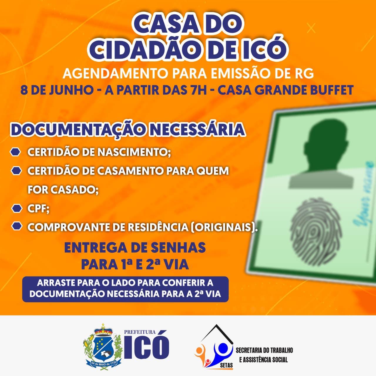 Acontece em Icó no próximo dia 8 de junho agendamento para emissão de 1ª e 2ª via de RG