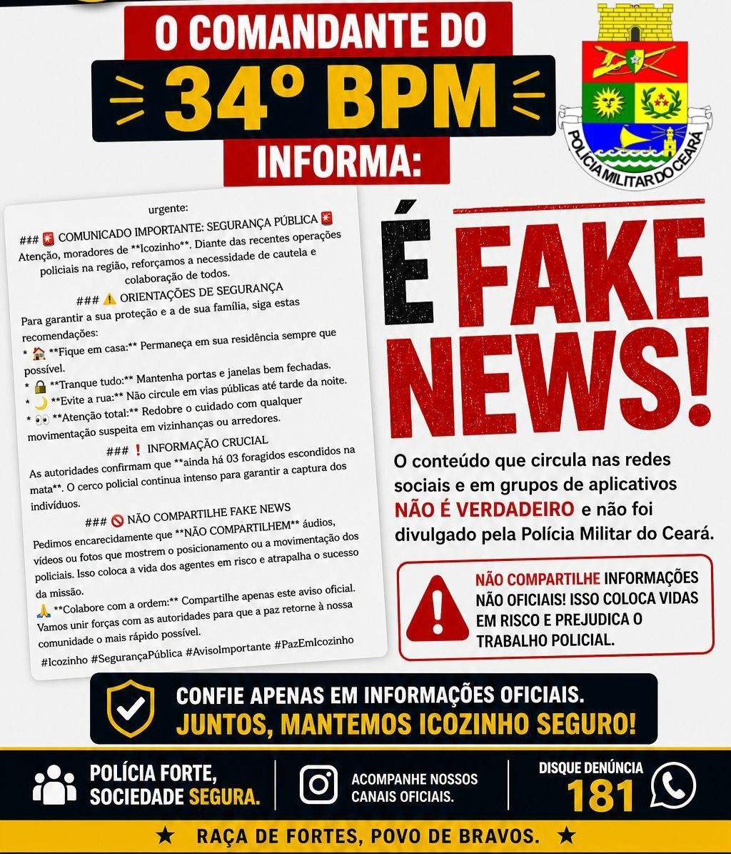 Polícia Militar desmente boato sobre segurança pública em Icozinho e alerta para fake news