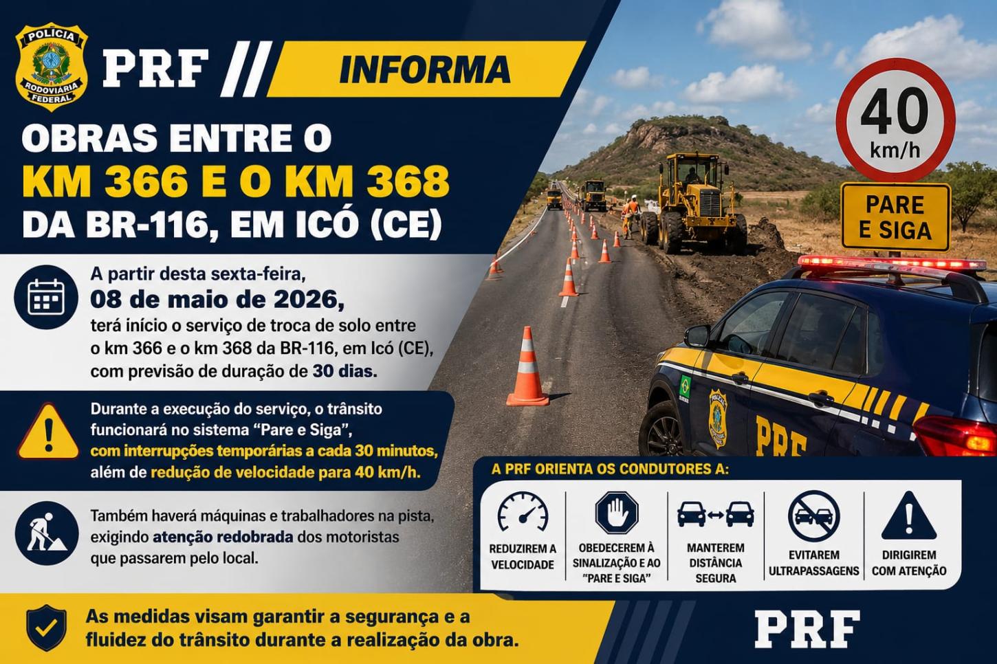 PRF informa início de obras na BR-116 em Icó com sistema “Pare e Siga” a partir desta sexta-feira