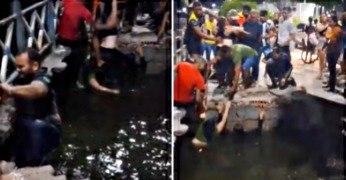 Parte de calçadão desaba e pedestres caem em lagoa em Morada Nova