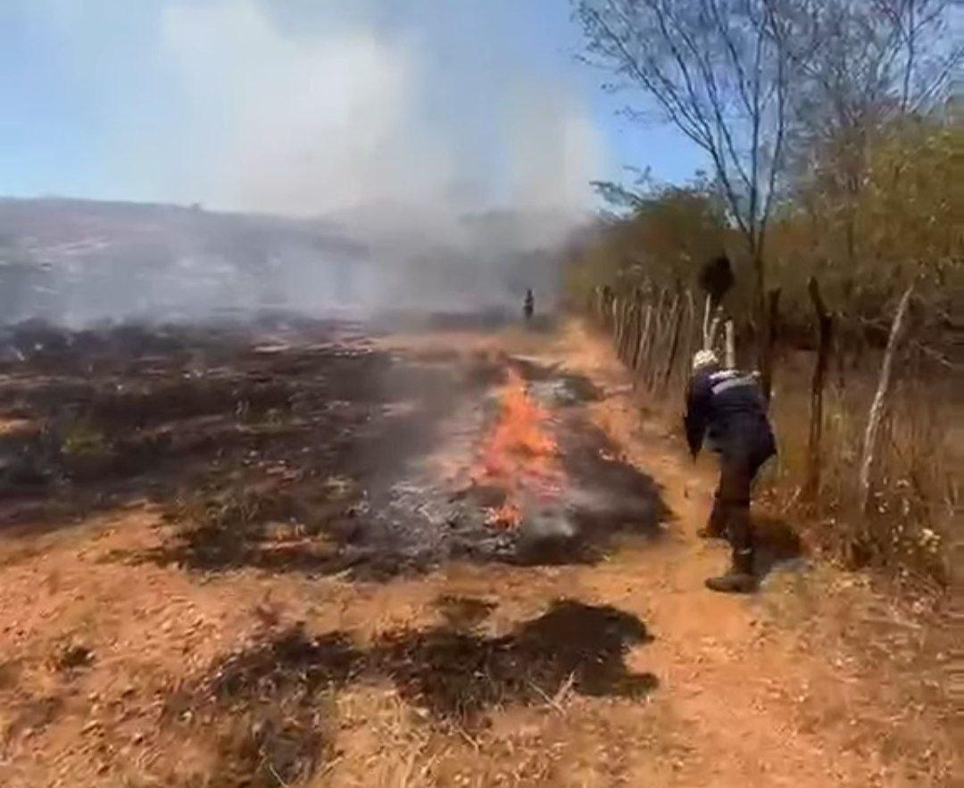 Incêndio de grandes proporções mobiliza bombeiros civis, militares e guarda municipal perto de viaduto em Icó